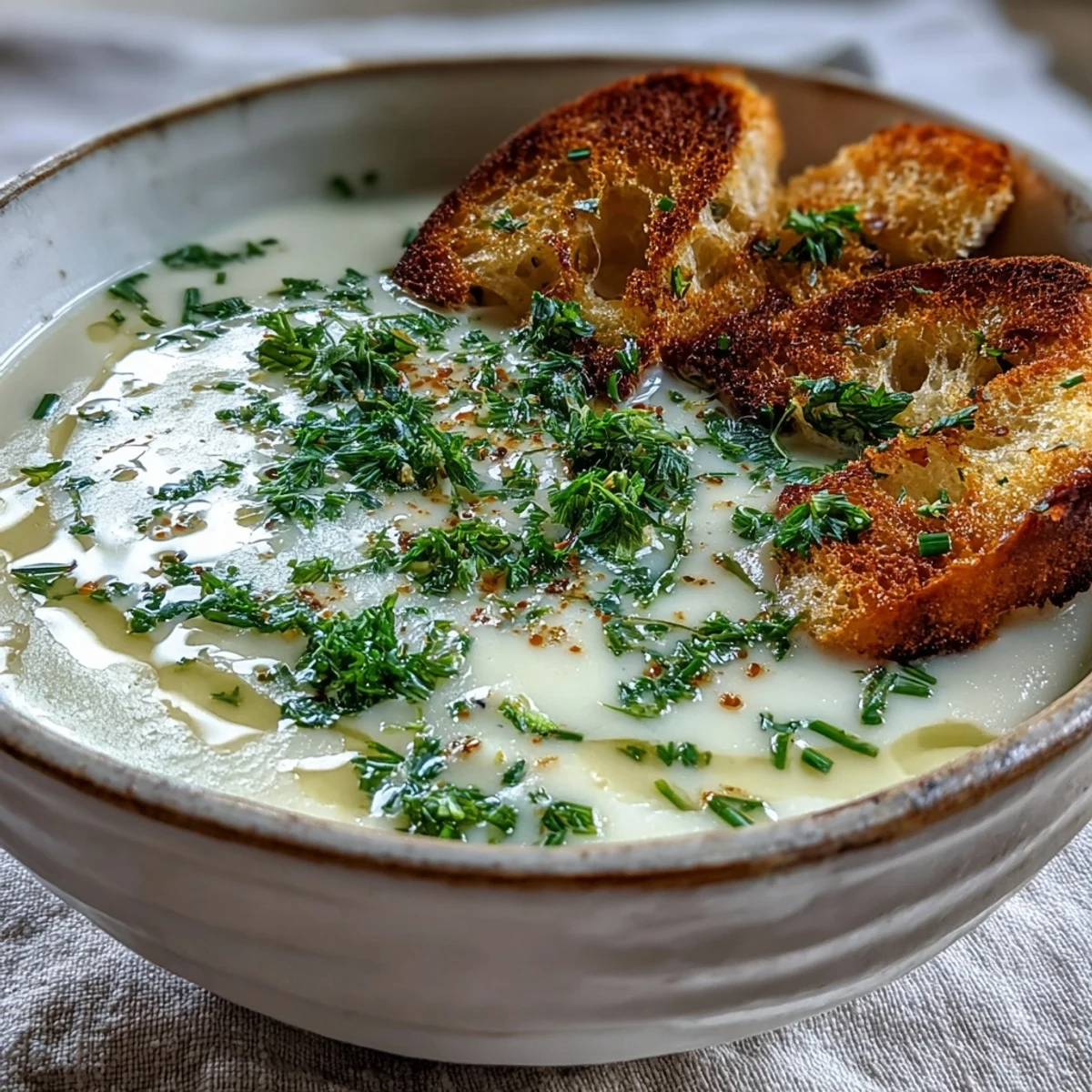 Smooth Garlic and Herb Soup topped with chives and a swirl of cream.