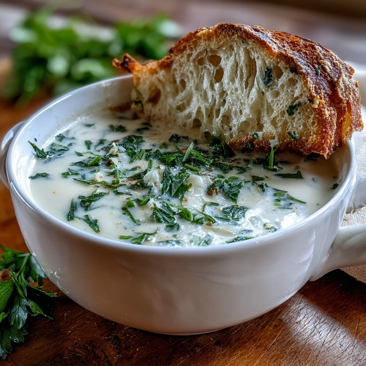 A bowl of Roasted Garlic and Herb Soup garnished with fresh chives, paired with crusty bread for dipping.