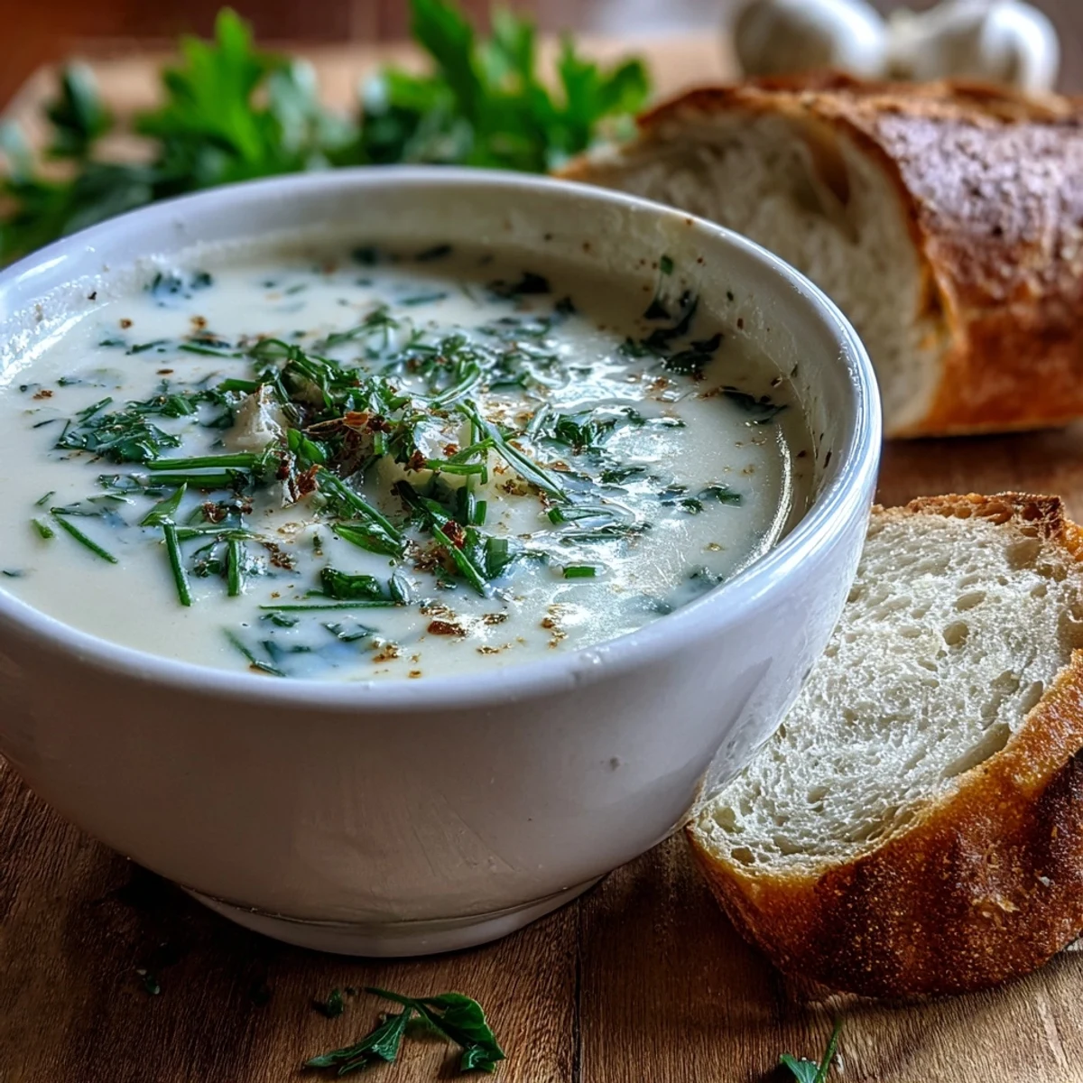 Steaming Roasted Garlic and Herb Soup in a rustic bowl, revealing a velvety, creamy texture from blended Yukon Gold potatoes.