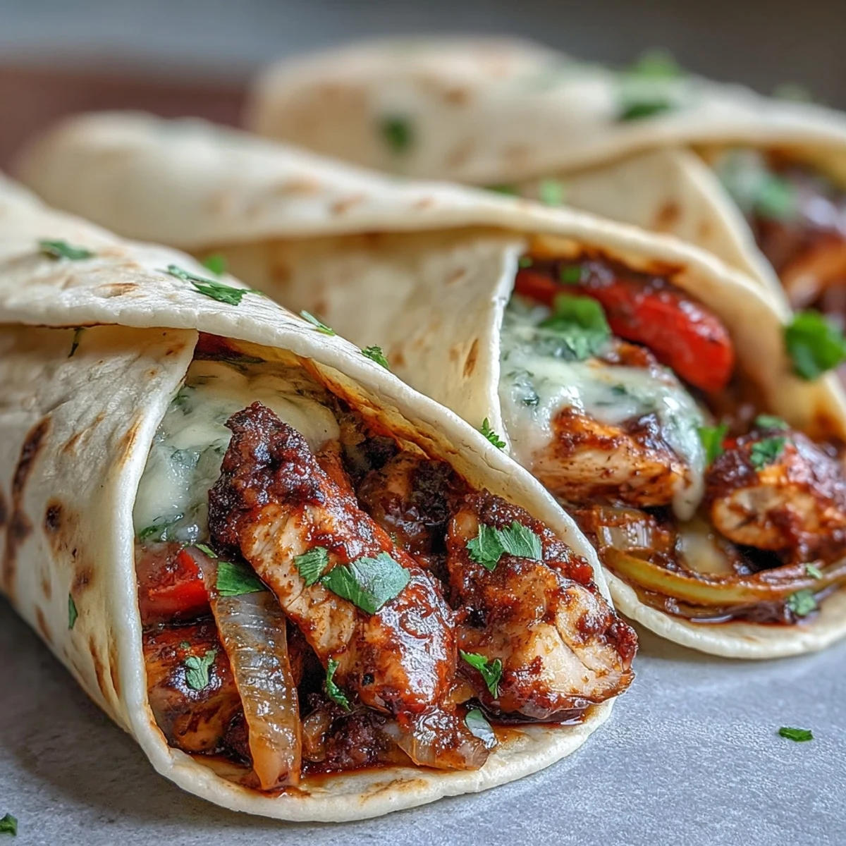 Golden-brown strips of Easy Chicken Fajitas sizzling with tri-color bell peppers and onions in a cast-iron skillet, garnished with cilantro.