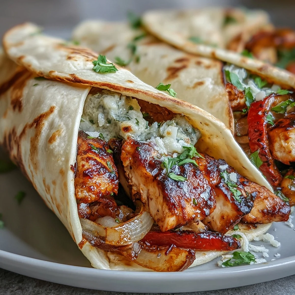 Close-up of sliced, seasoned Easy Chicken Fajitas mixed with tender peppers, ready to be loaded into soft tortillas for dinner.