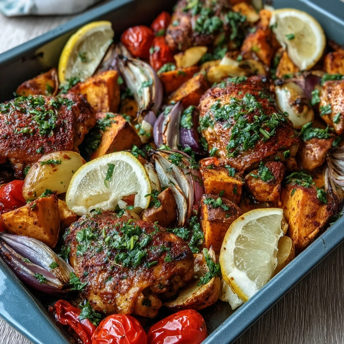 Golden-skinned piri-piri chicken thighs roast beside tender sweet potato wedges and vibrant bell peppers in this savory one-pan traybake.