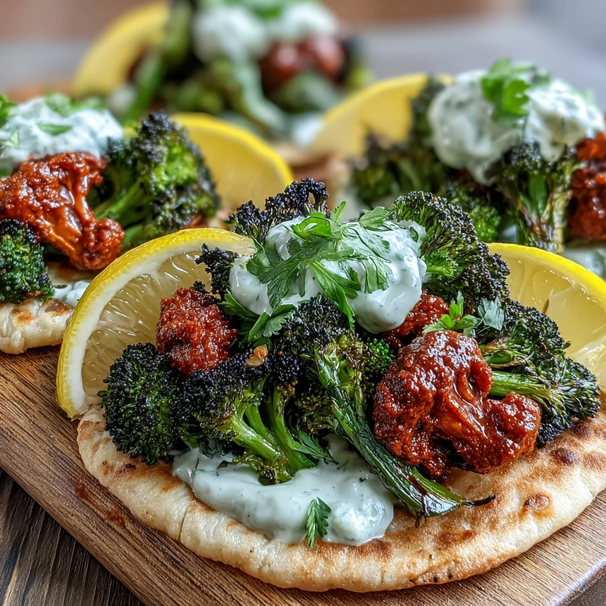 Colorful Harissa Broccoli and Flatbreads served warm with lemon wedges, ready for a quick vegetarian dinner.