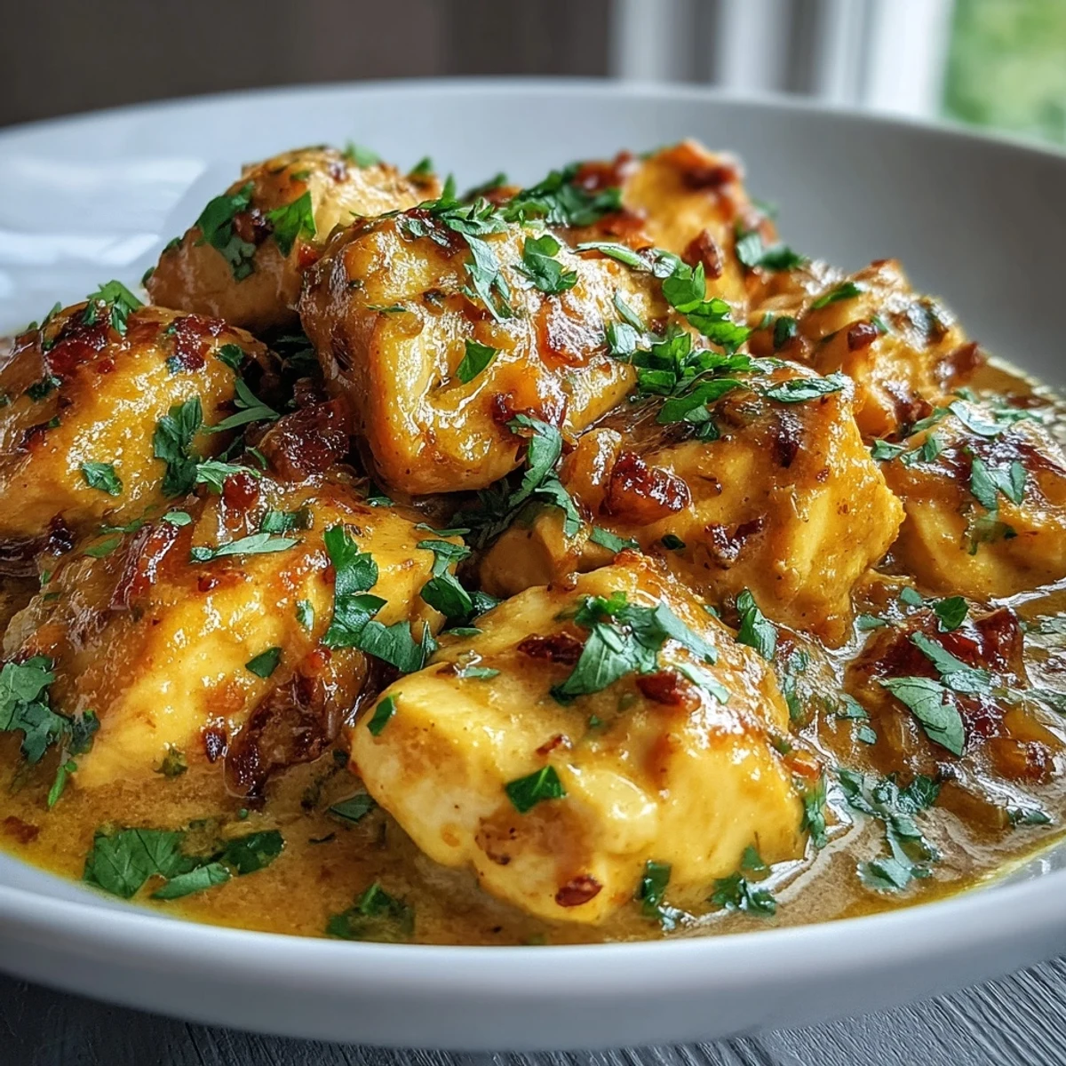 Creamy Easy Chicken Curry served over fluffy white rice in a bowl.