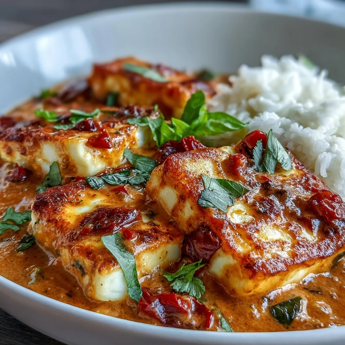 Golden-brown halloumi cubes simmer in a creamy tomato and coconut curry, garnished with fresh cilantro and served with fluffy basmati rice.