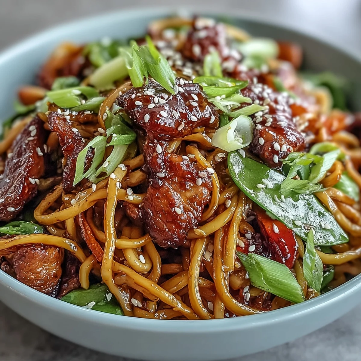 Savory Pork Noodle Stir-Fry with tender pork, crisp bell peppers, and carrots tangled in glossy noodles, steaming on a plate.