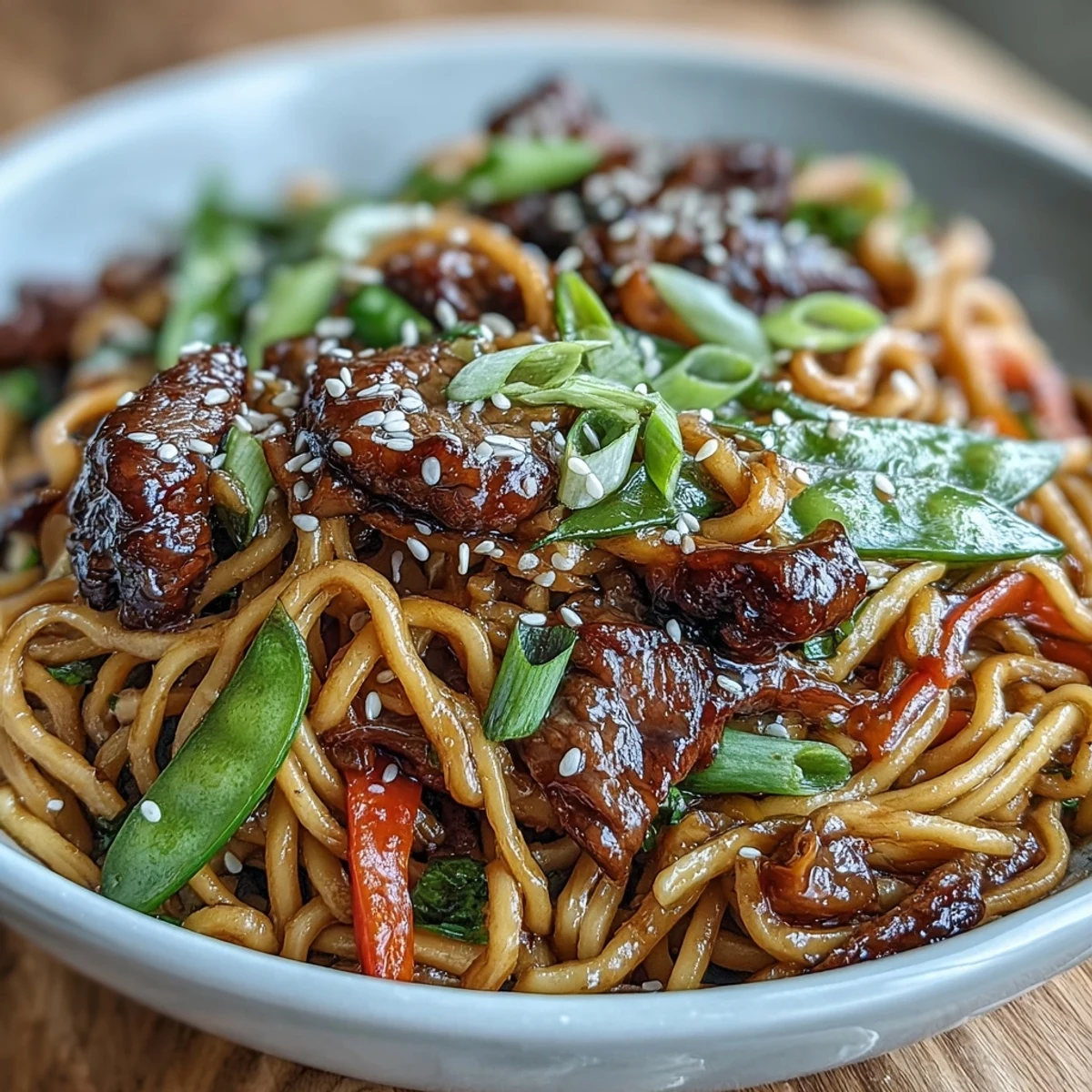 Fork-ready Pork Noodle Stir-Fry piled high with egg noodles, pork, and snap peas, served alongside a chilled lager.