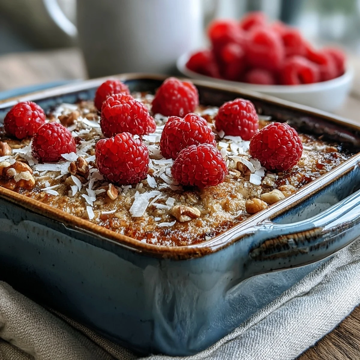 Warm slices of Baked Oatmeal with Raspberry and Coconut garnished with extra fruit.