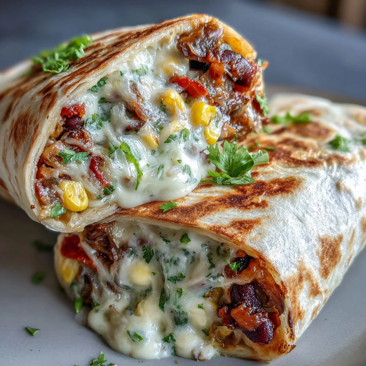 Perfectly rolled Veggie Burritos filled with sweet corn and peppers, ready to enjoy with a dollop of cool sour cream.