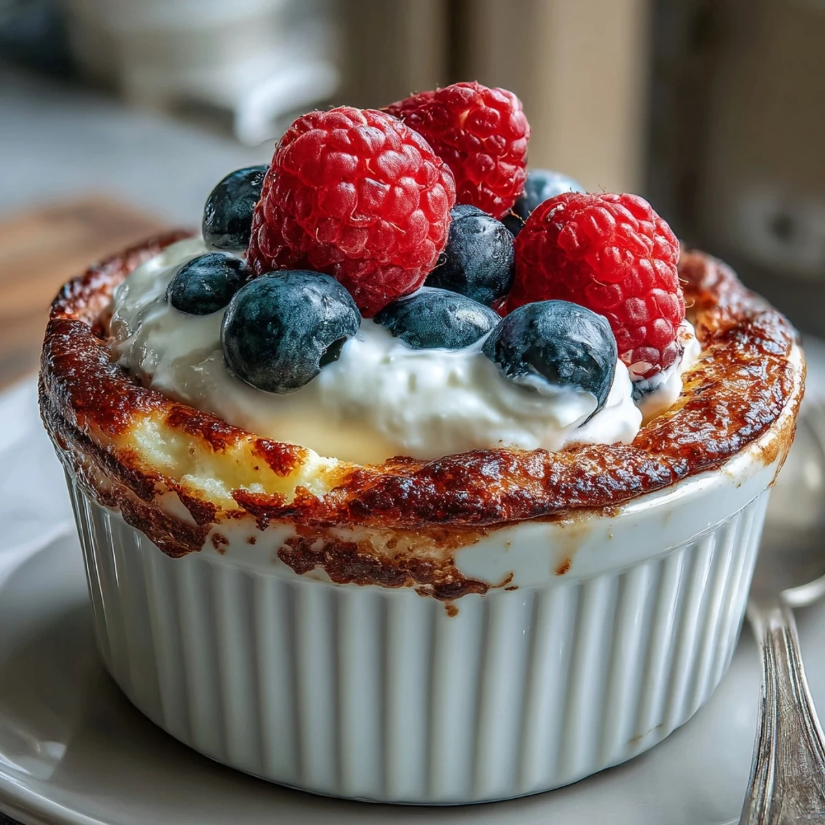 Golden-brown Baked Protein Pancake Bowl fresh from the oven, topped with peanut butter and sliced strawberries for a delicious high-protein breakfast.