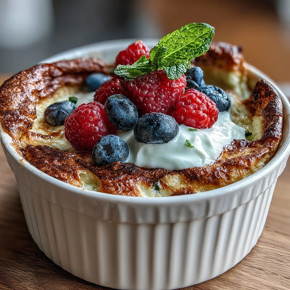 A single-serve Baked Protein Pancake Bowl with chocolate chips, ready to eat with a drizzle of maple syrup for a sweet treat.