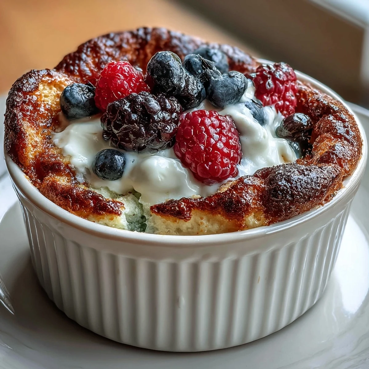 Fluffy Baked Protein Pancake Bowl recipe baked in a ramekin, served warm with a dollop of Greek yogurt and fresh blueberries.