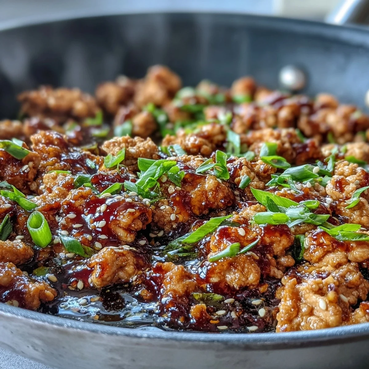Forkful of savory Korean-Style Ground Turkey featuring ground turkey, minced garlic, ginger, and toasted sesame seeds for a nutty finish.