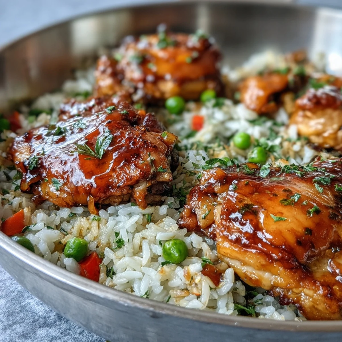 Steam rises from a skillet of One-Pan Bold Honey BBQ Chicken Rice, where saucy chicken pieces and veggies sit atop fluffy rice, ready to serve.