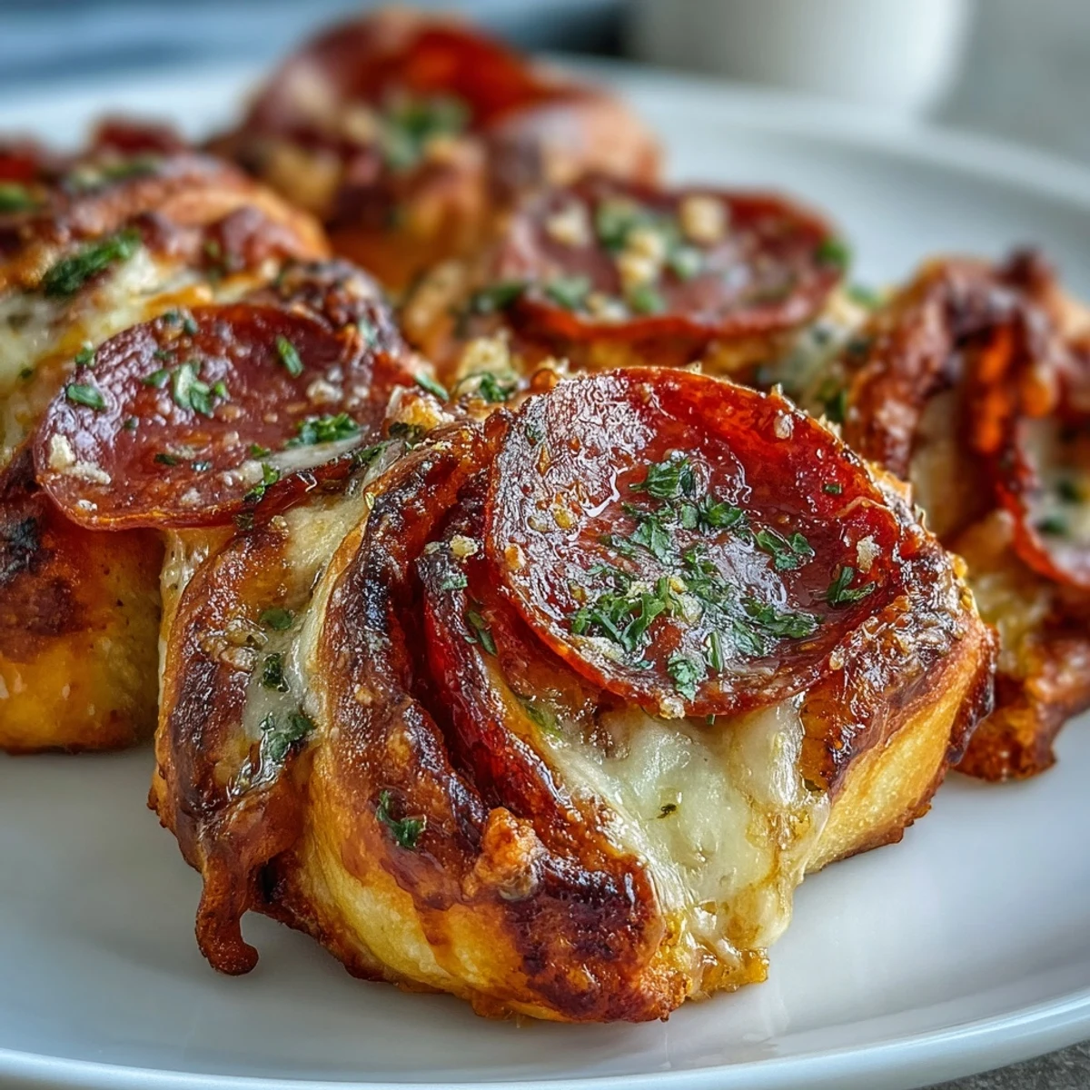 Freshly baked Irresistible High Protein Pepperoni Pizza Rolls on a rustic wooden board, showcasing melted mozzarella and golden-brown crust.