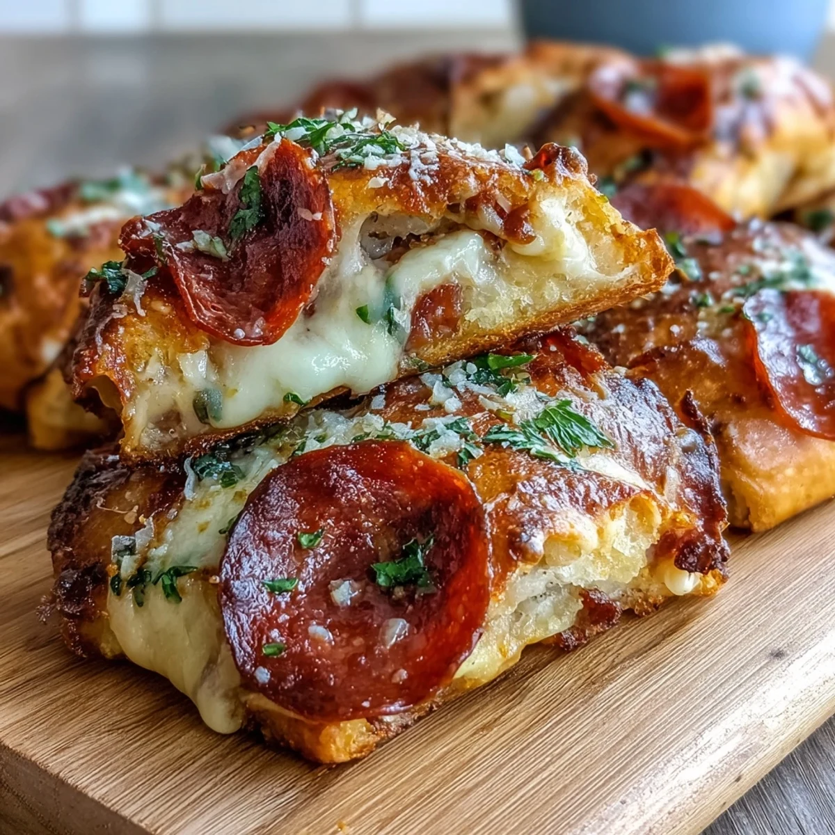 Sliced Irresistible High Protein Pepperoni Pizza Rolls reveal layers of savory ground beef, spicy pepperoni, and gooey cheese filling.