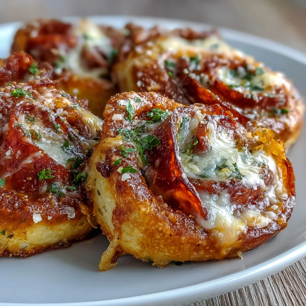 Golden Irresistible High Protein Pepperoni Pizza Rolls arranged on a serving platter with a small bowl of warm marinara for dipping.