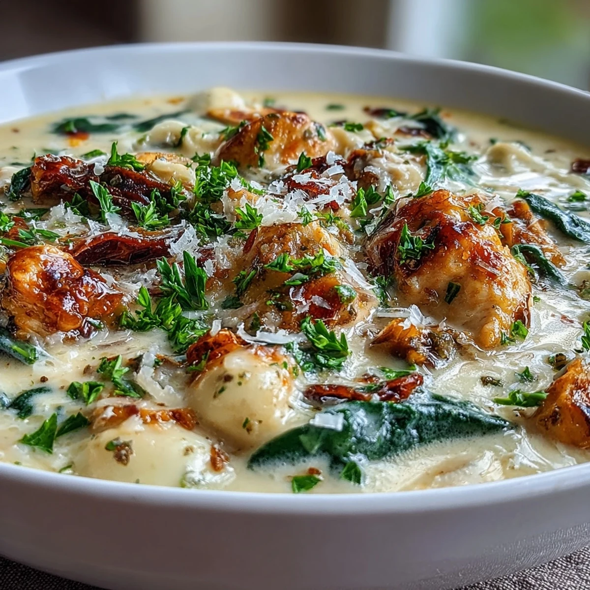 Creamy Garlic Parmesan Chicken Soup in a rustic bowl topped with fresh parsley and extra grated Parmesan.