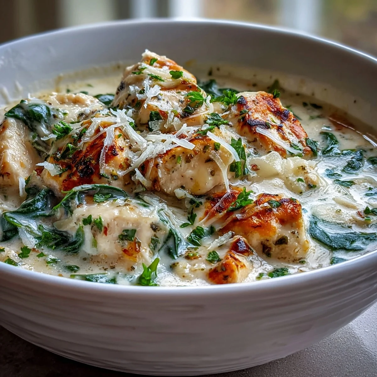 Close-up of Garlic Parmesan Chicken Soup garnished with fresh parsley and cheese, served alongside crusty artisan bread.