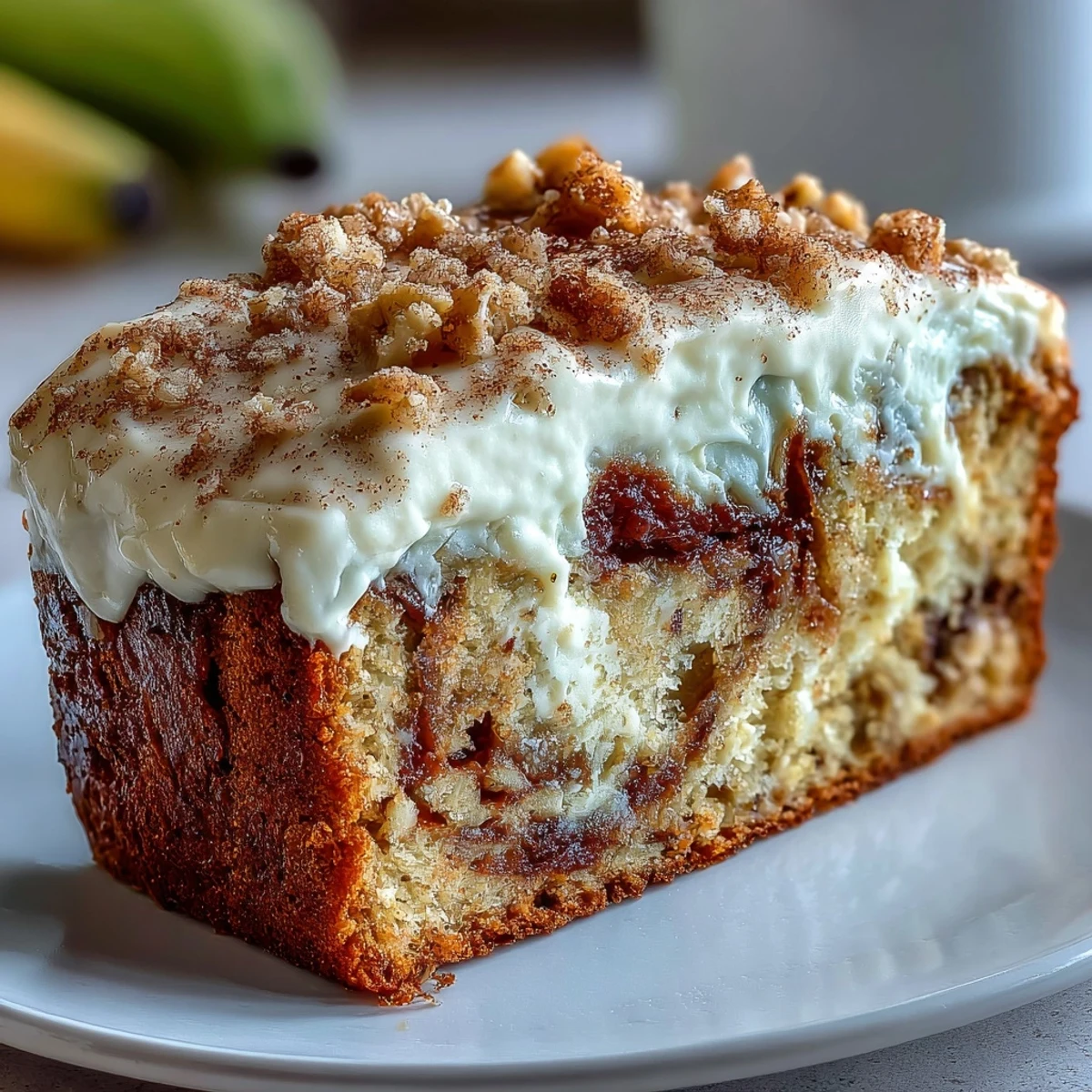 Freshly baked Cream Cheese Cinnamon Swirl Banana Bread on a wire rack, with ripe bananas and cinnamon sticks nearby.