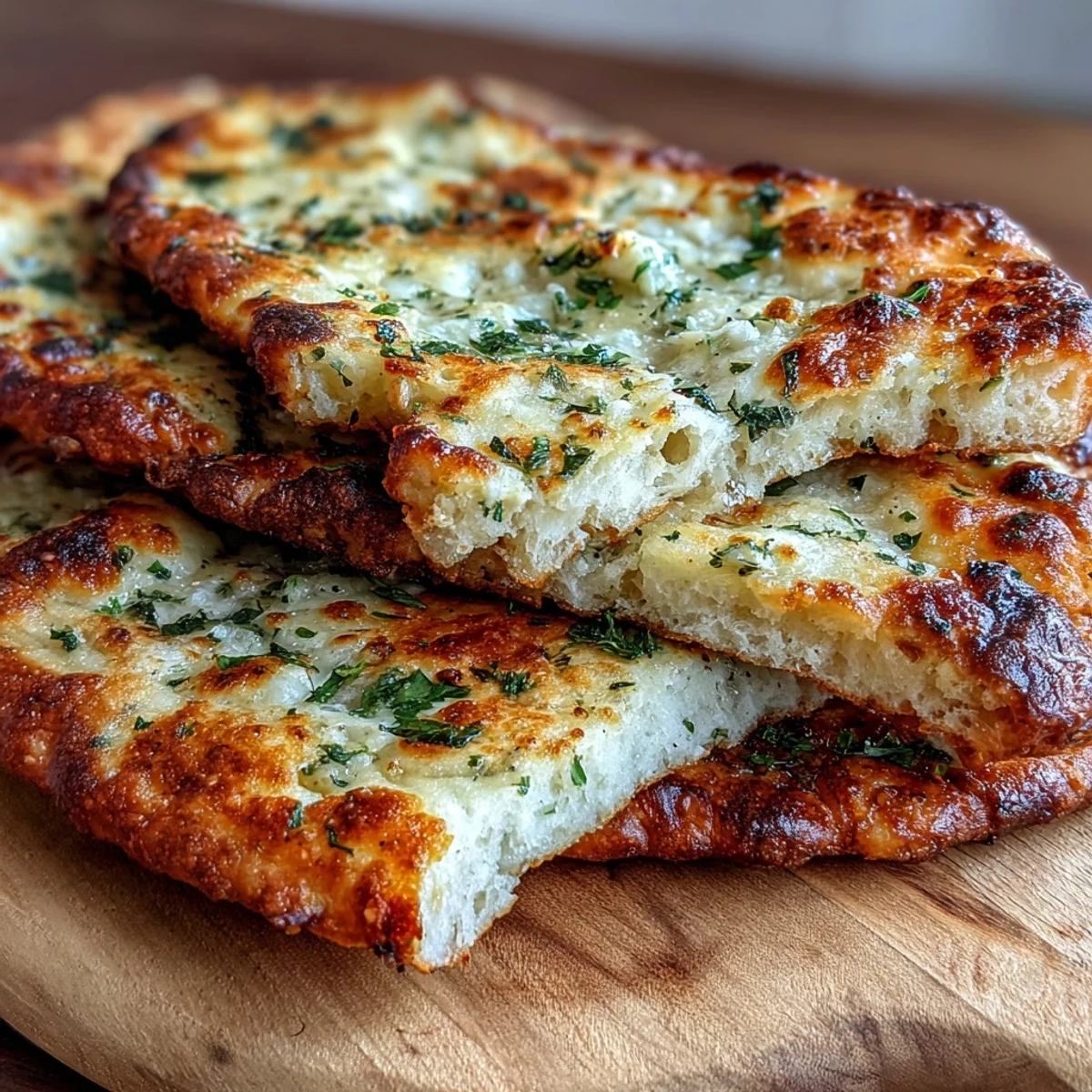 Freshly baked Best Easy Garlic Naan Bread with golden brown spots and bubbly texture, brushed generously with melted garlic butter.
