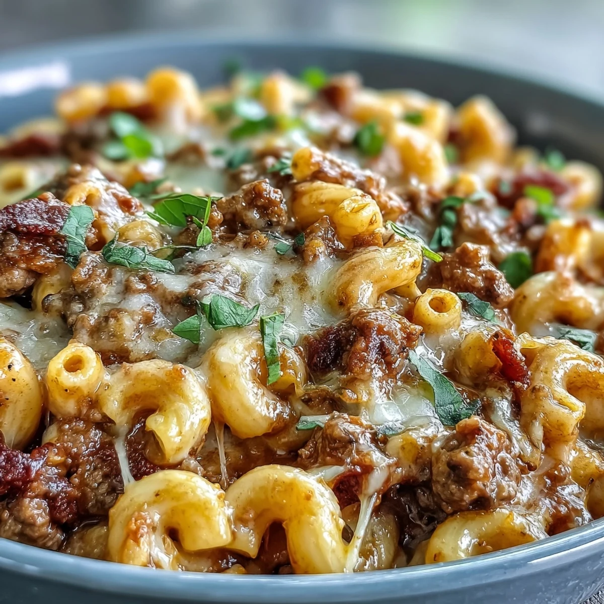 Golden One-Pan High Protein Chili Mac with melted cheddar in a rustic bowl.