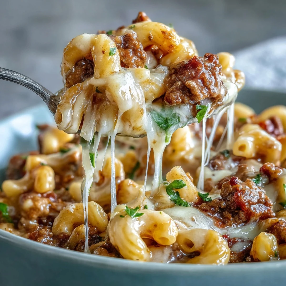 Skillet of One-Pan High Protein Chili Mac with beef, beans, and smoky spices.