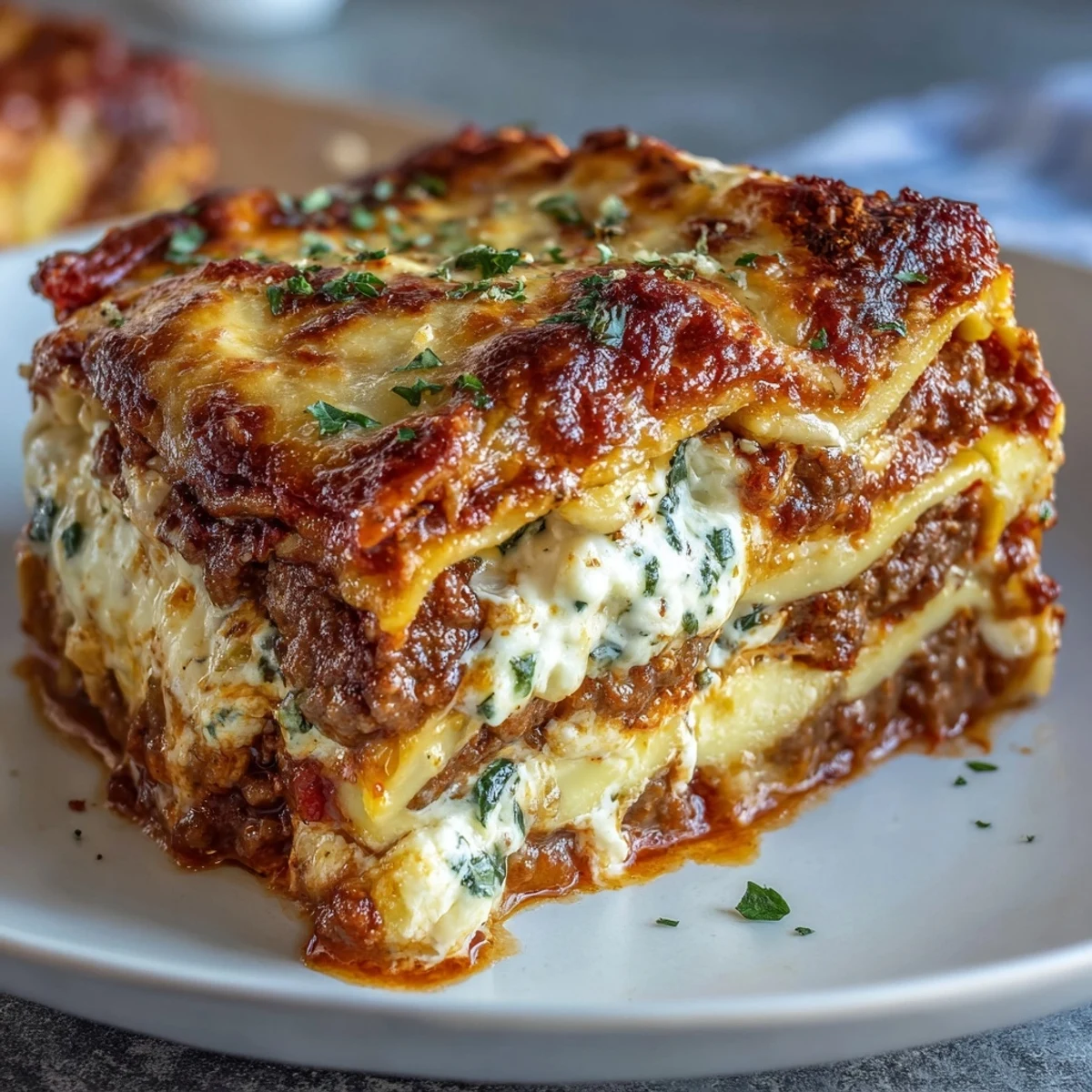 Fork pulling a slice from a pan of Worlds Best Lasagna, revealing tender pasta and hearty meat filling.