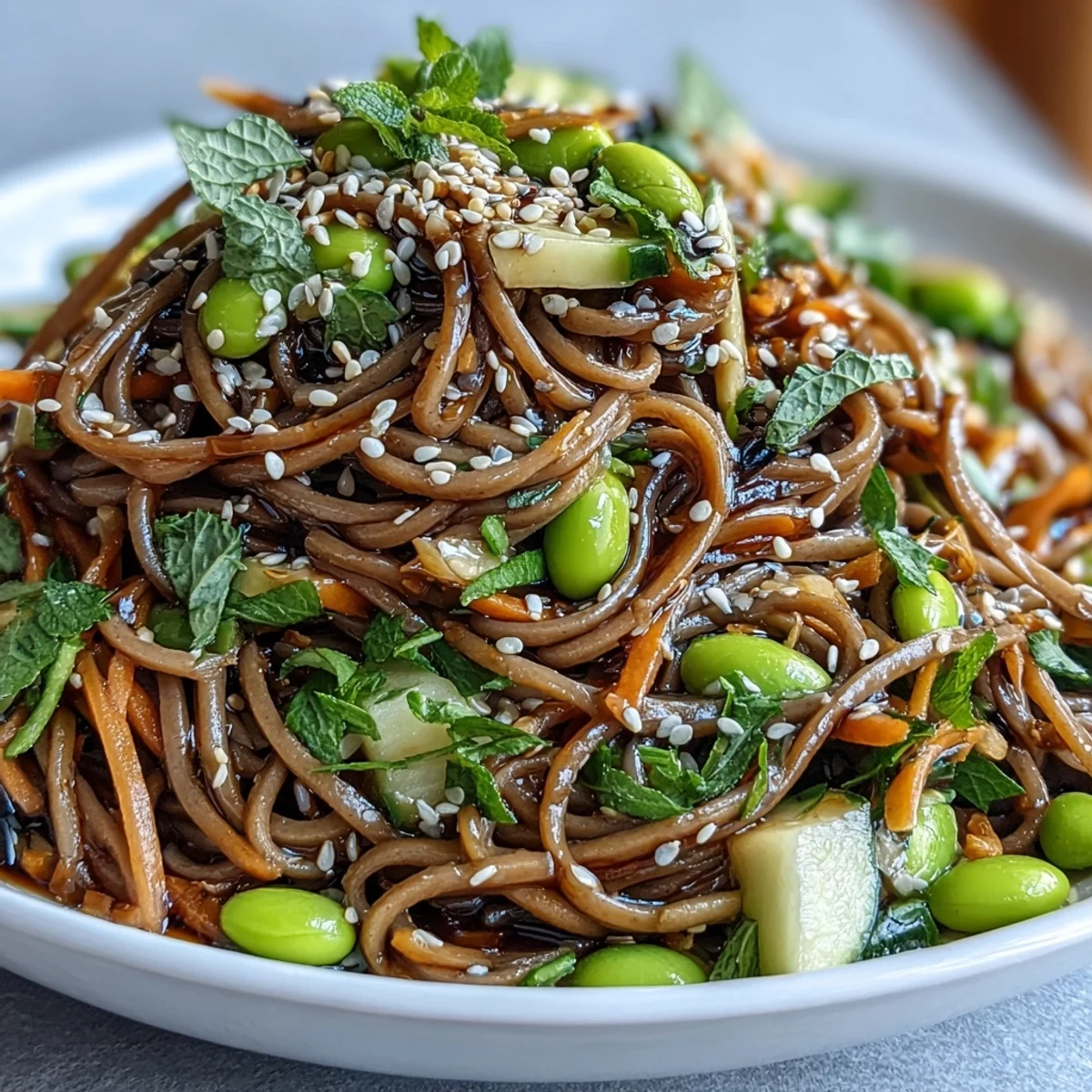 Close-up of a Soba Noodle Bowl featuring chewy buckwheat noodles tossed in glossy sesame dressing with fresh herbs.