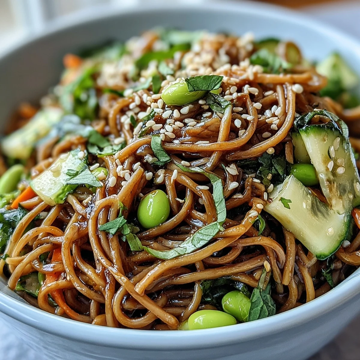 A topped Soba Noodle Bowl with crunchy cucumber, carrots, edamame, and sesame seeds on a rustic wooden table.