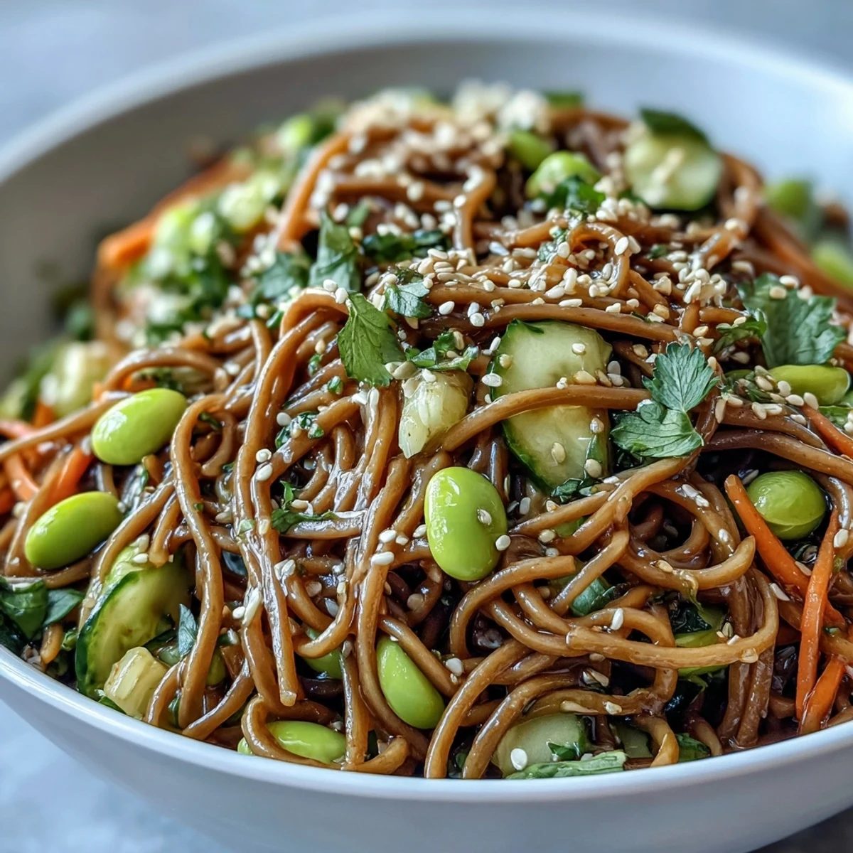 Serving suggestion of a vegetarian Soba Noodle Bowl with vibrant vegetables and sesame seeds, perfect for a light lunch.