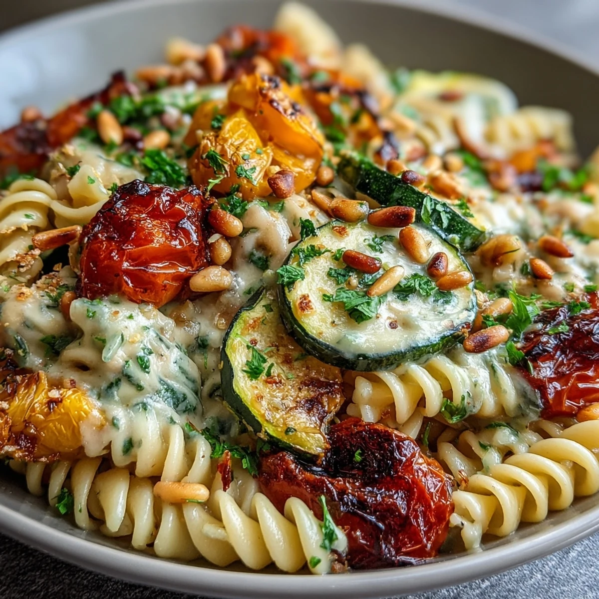 Whole Wheat Pasta Bowl with roasted zucchini and peppers tossed in a creamy bean sauce.