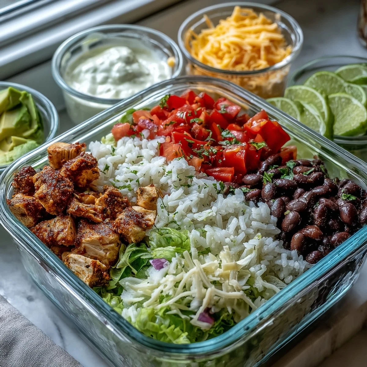 This photo displays a vibrant Meal Prep Burrito Bowl Base in clear containers, featuring fluffy rice, seasoned black beans, and chopped chicken, ready for assembling.