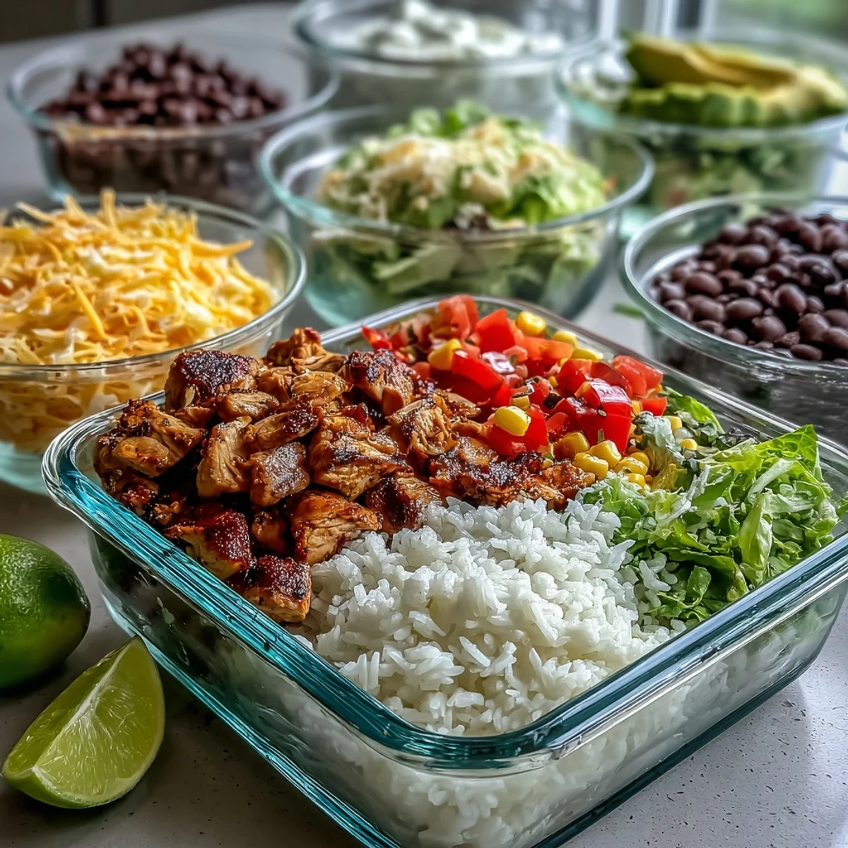 Brightly colored diced bell peppers, corn, and halved cherry tomatoes sit beside a Meal Prep Burrito Bowl Base, highlighting the fresh, crisp vegetable components.
