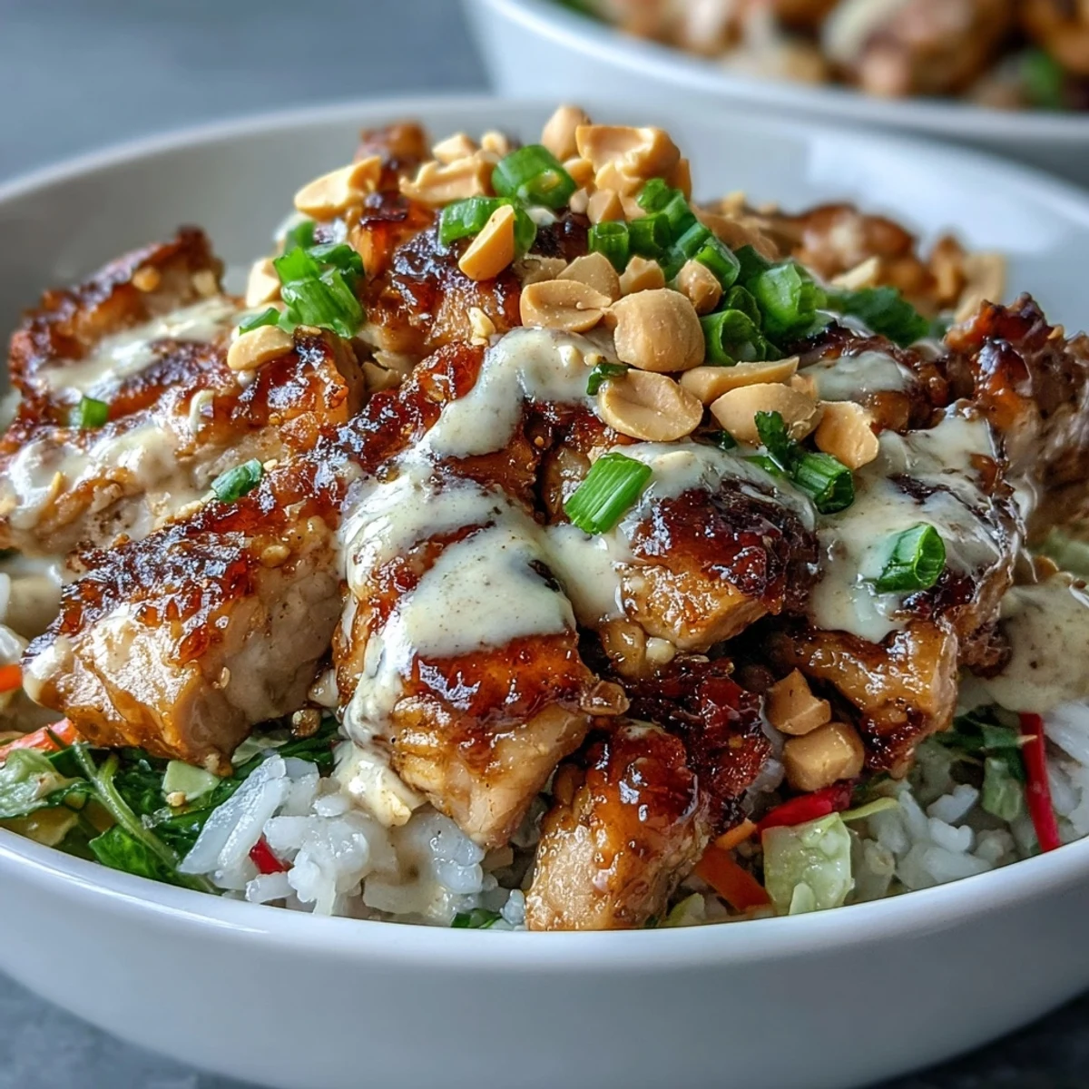 Succulent sautéed chicken and vibrant vegetables sit atop fluffy coconut rice in this Thai-inspired Peanut Chicken Protein Bowl, drizzled with creamy peanut sauce.