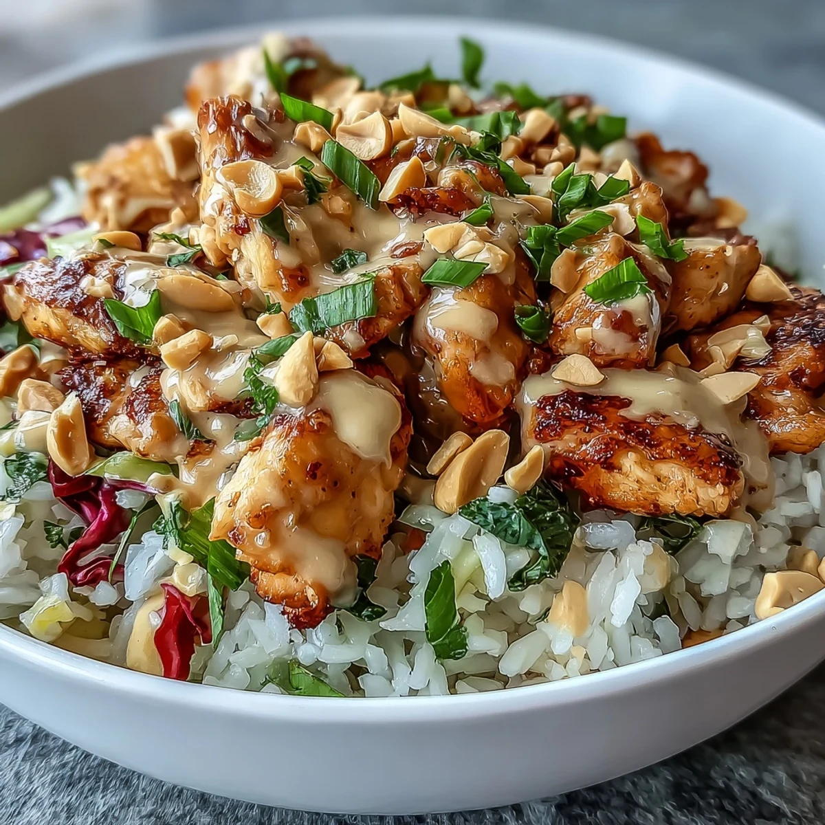 Chopped peanuts and fresh cilantro garnish this easy, satisfying Peanut Chicken Protein Bowl, perfect for a healthy lunch or meal prep.