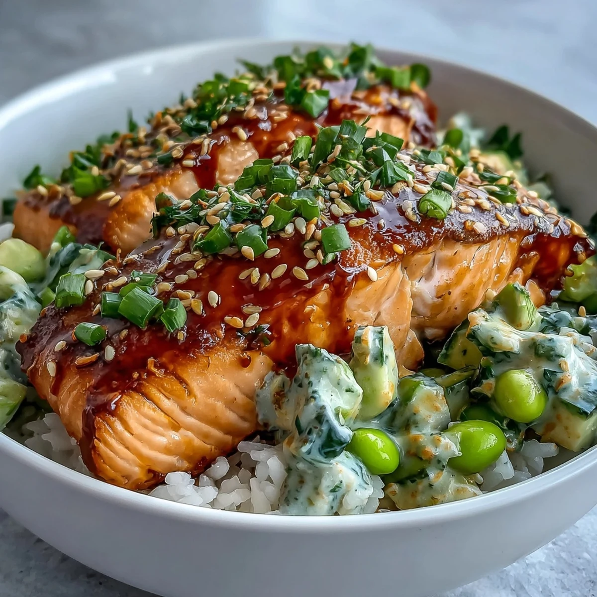 Flaky, glazed salmon rests on jasmine rice beside a bright cucumber-edamame salsa, all drenched in creamy bang bang sauce and sesame seeds.