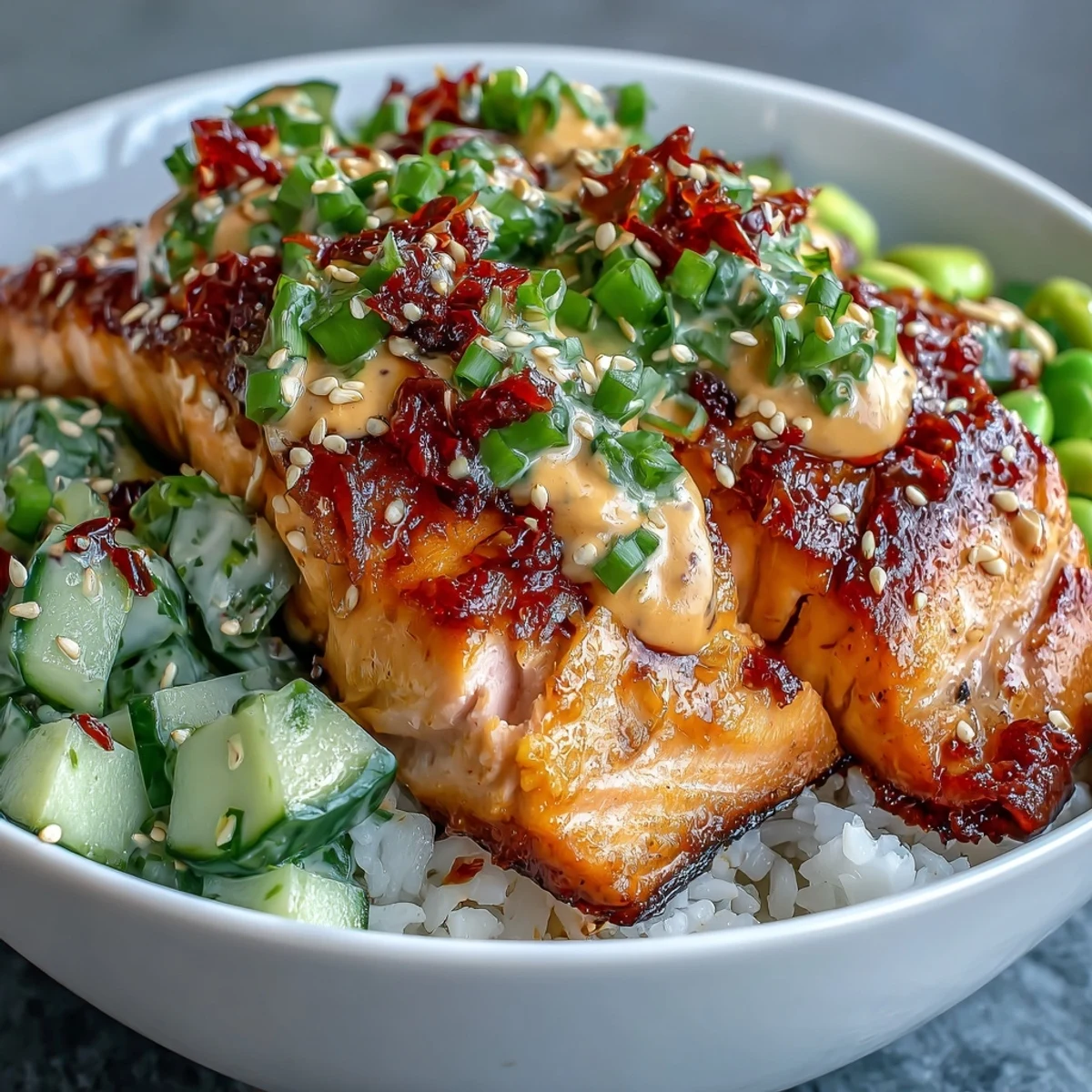 Overhead view shows tender salmon, crunchy salsa, and spicy bang bang sauce artfully arranged in a rice bowl for four.