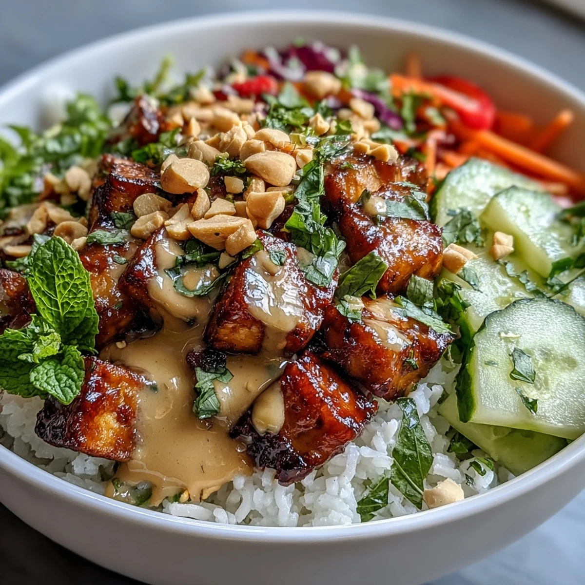 Bright red cabbage, fresh mint, and creamy peanut sauce top a colorful Rice Paper Roll Bowl for a quick lunch.