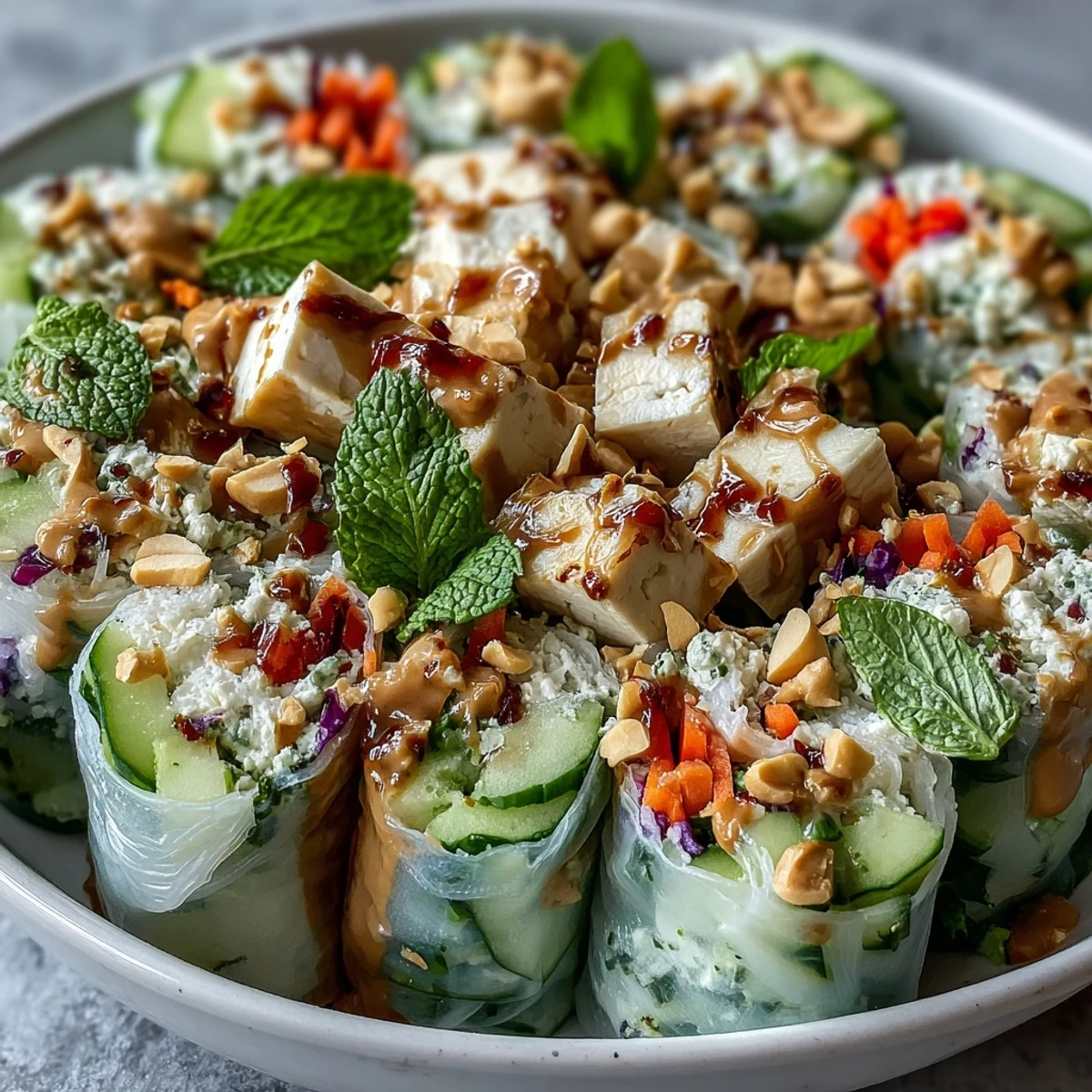 Deconstructed Rice Paper Roll Bowl with crisp vegetables, grilled chicken, and crunchy peanuts served over jasmine rice.