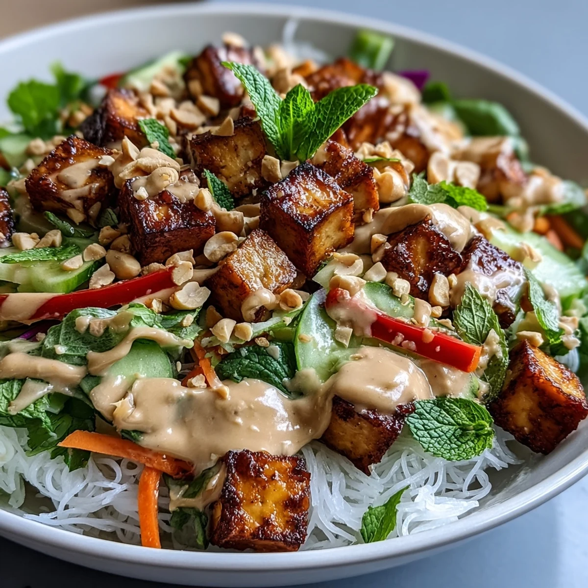 Sliced tofu and rainbow veggies fill this vibrant Rice Paper Roll Bowl, drizzled with tangy peanut-lime sauce.