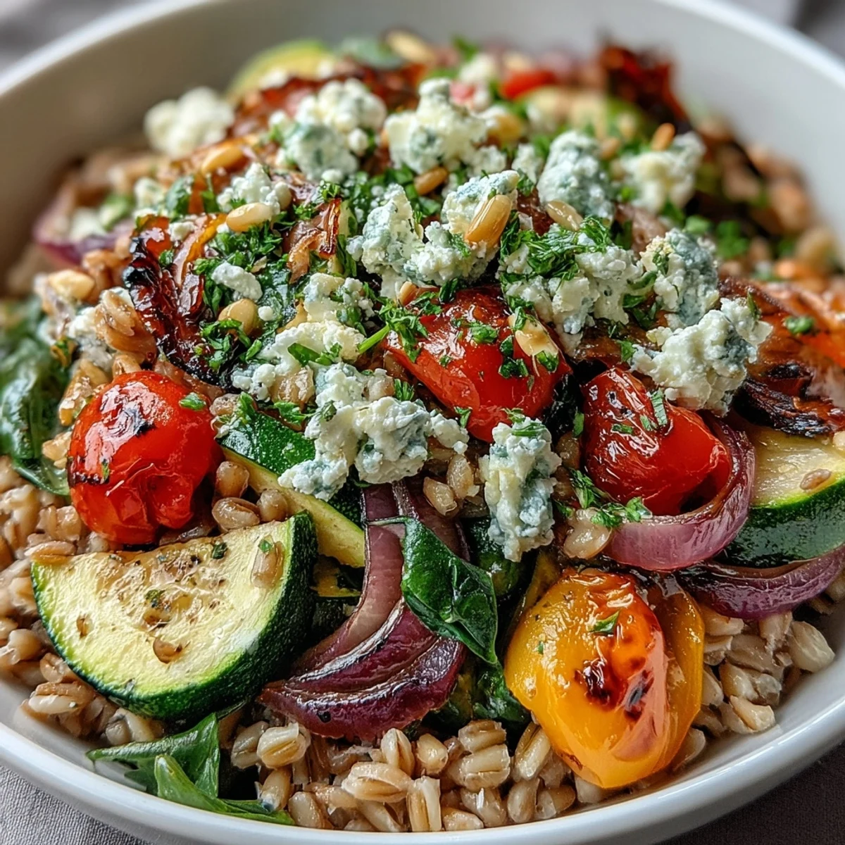 A wholesome Farro Pasta Bowl tossed with spinach, cherry tomatoes, and a zesty lemon-olive oil dressing.