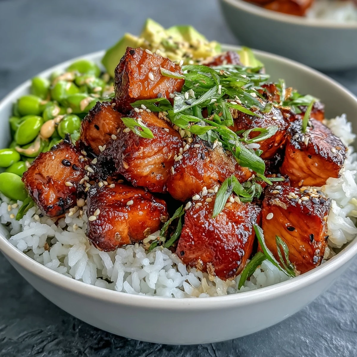 A close-up of a Salmon Rice Bowl, drizzled with spicy sriracha mayo and sprinkled with sesame seeds.