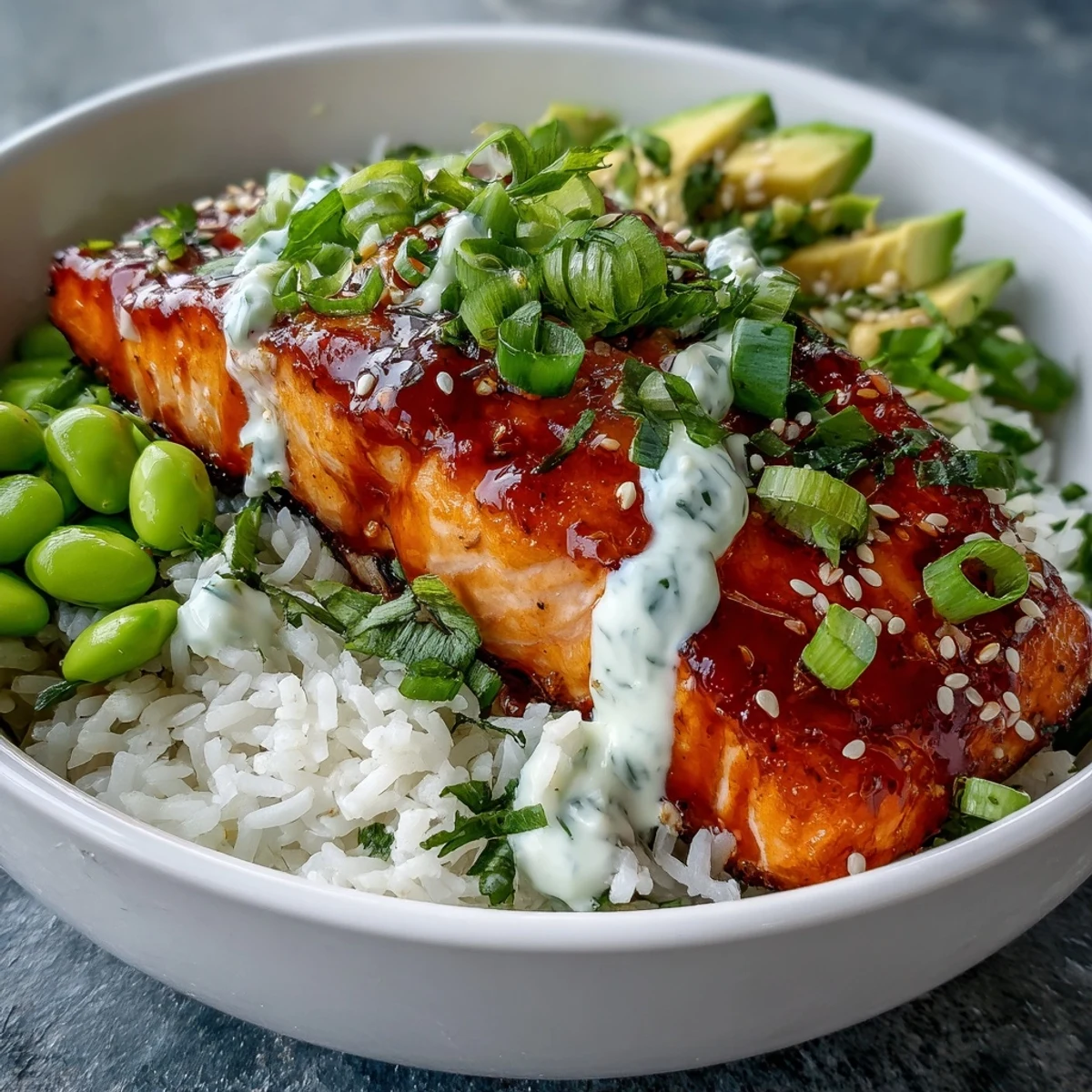 Hot Honey Sriracha Salmon Bowl garnished with sesame seeds, green onions, and a creamy drizzle of sriracha mayo.