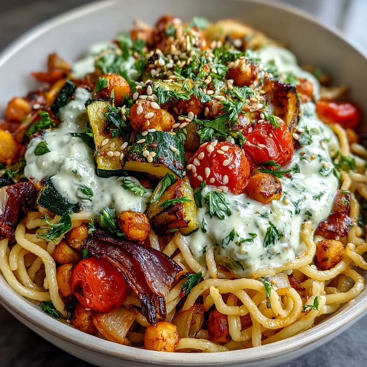 A vibrant Chickpea Pasta Bowl with roasted vegetables and tahini drizzle, ready to serve.