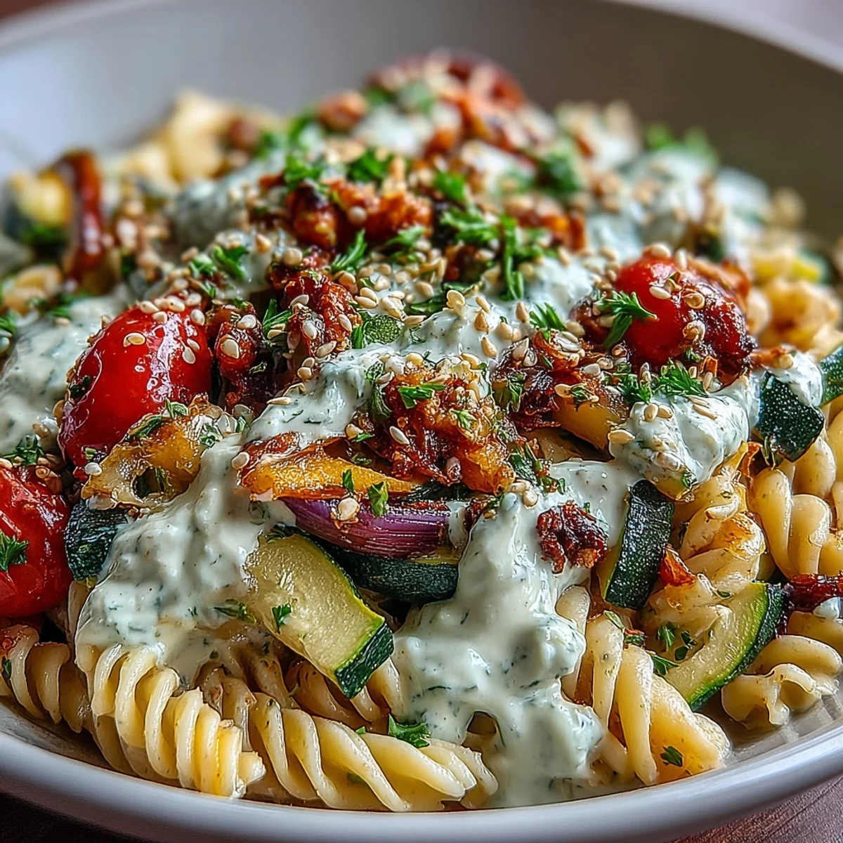 Close-up view of a Chickpea Pasta Bowl featuring creamy tahini sauce and colorful veggies.