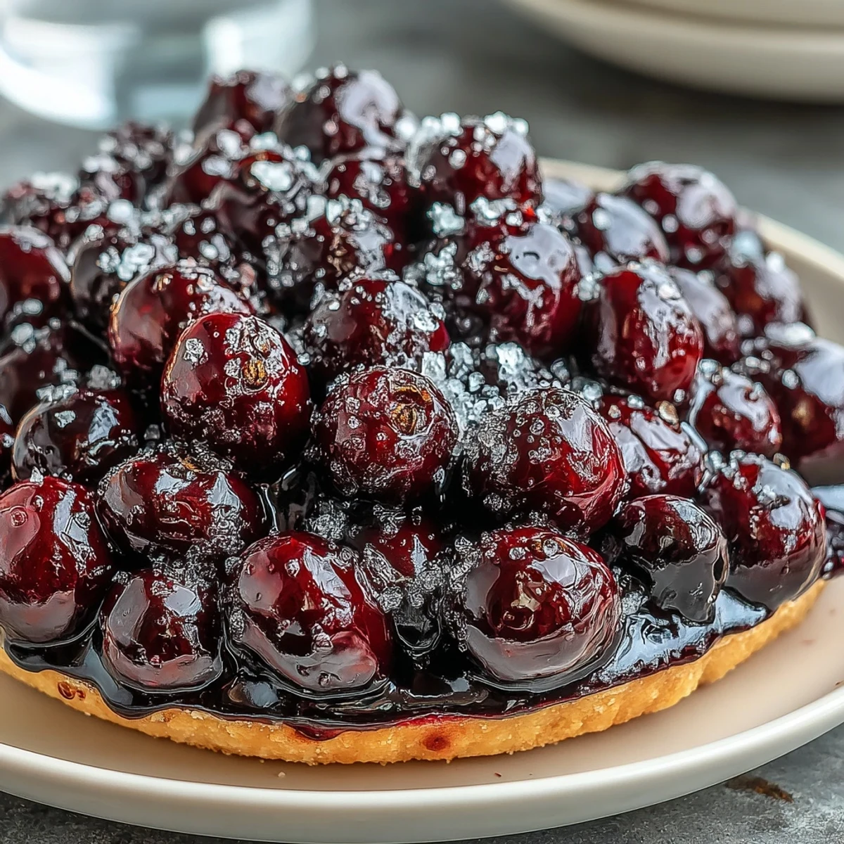 A slice of Black Currant Fruit Tart reveals a crisp, buttery crust filled with deep purple curd and fresh berry garnish.