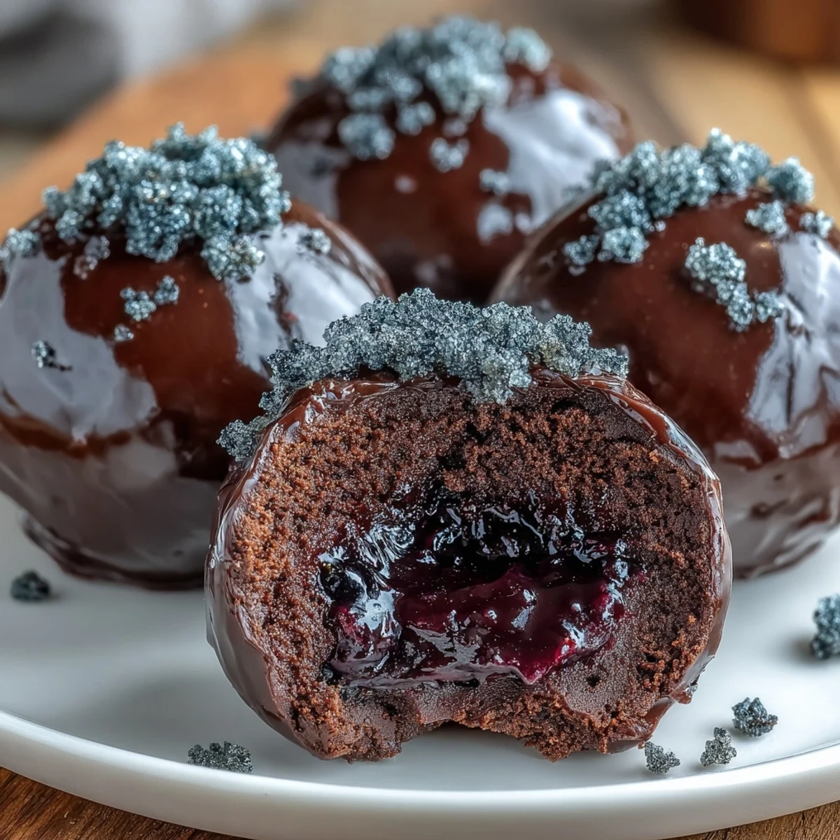 Shiny Black Currant Chocolate Truffles dusted with cocoa powder arranged on a marble slab.