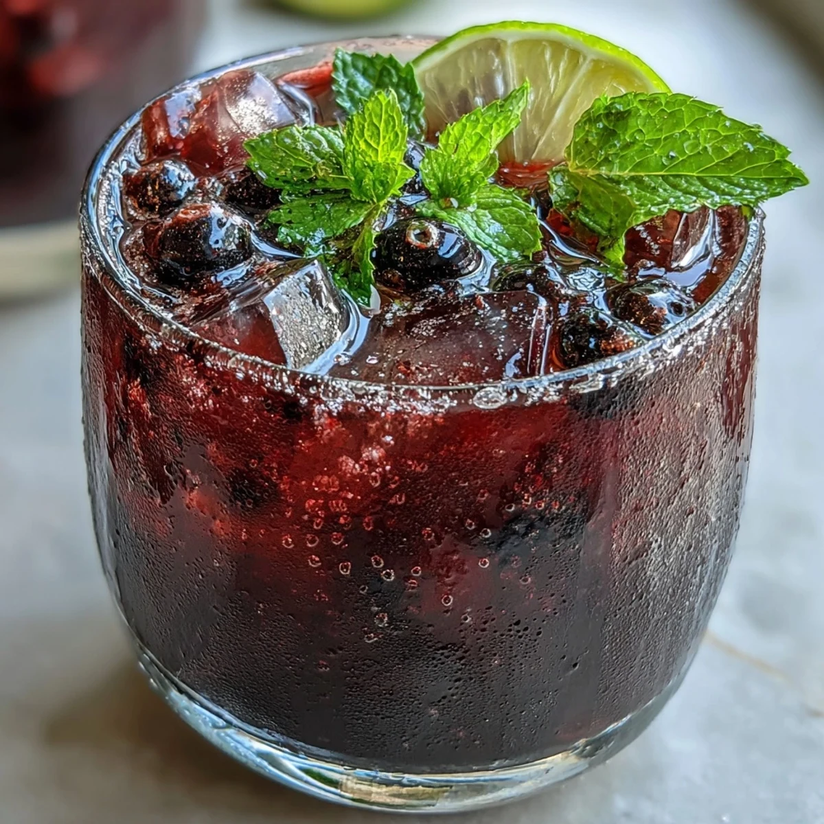 Two tall glasses of Black Currant Mocktail filled with ice, garnished with fresh mint sprigs and thin lime slices.
