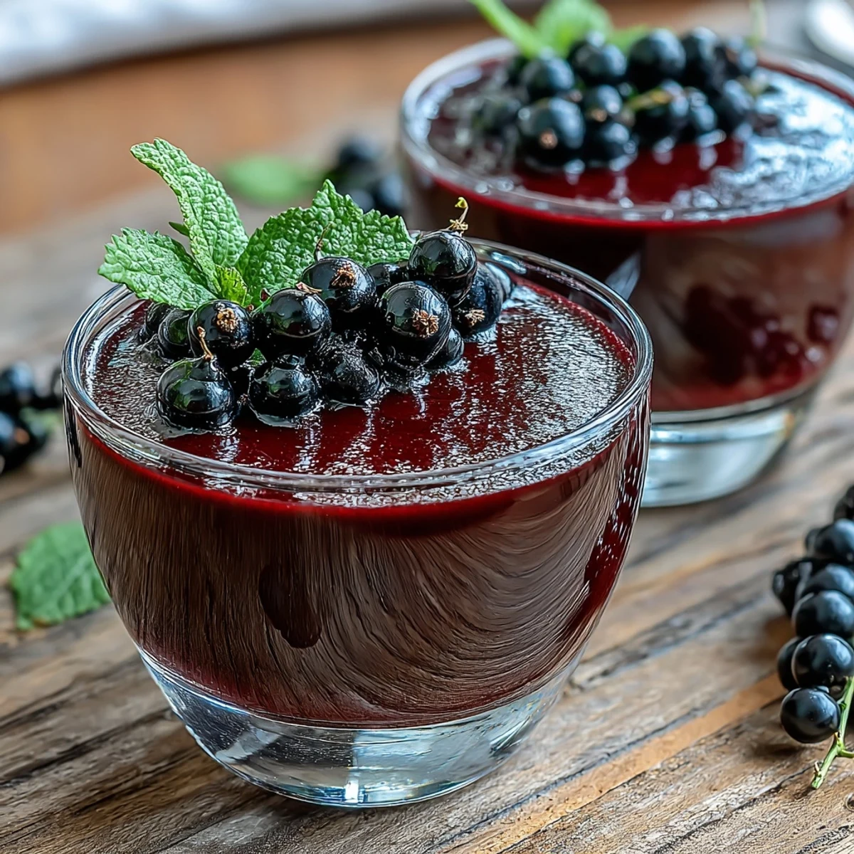 Close-up of a creamy Black Currant Panna Cotta being spooned, revealing a smooth, vibrant purple interior.